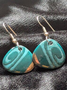 Artisan Teal Ceramic Spiral Earrings Gold Leaf Glaze Boho Drop Dangle Handmade